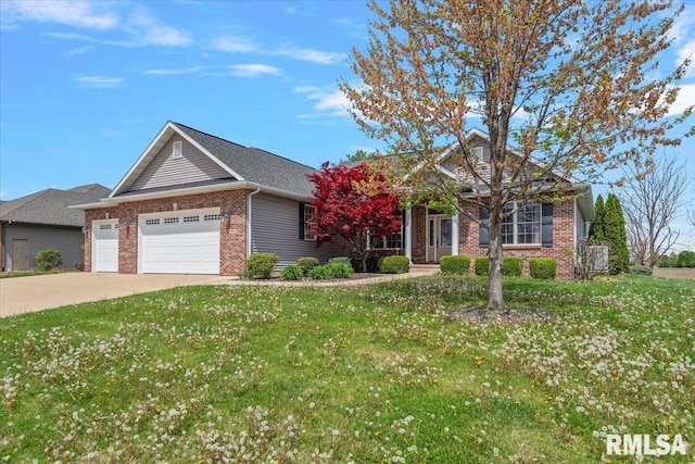 view of front facade with a front lawn, driveway, an attached garage, and brick siding