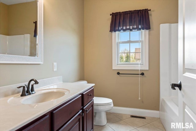 full bathroom with visible vents, walk in shower, toilet, vanity, and tile patterned flooring