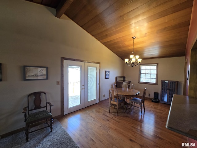 dining room featuring a chandelier, lofted ceiling with beams, wood-type flooring, wooden ceiling, and french doors