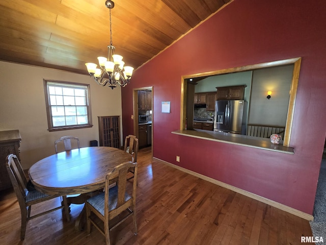 dining area with wood finished floors, wood ceiling, a chandelier, baseboards, and lofted ceiling