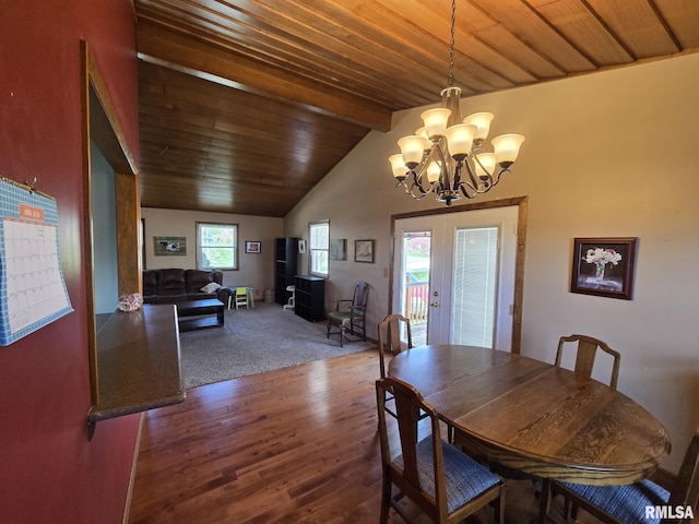 dining area with an inviting chandelier, wooden ceiling, lofted ceiling with beams, wood finished floors, and french doors