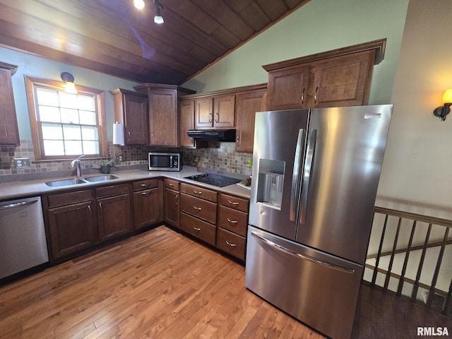 kitchen with lofted ceiling, a sink, stainless steel appliances, and tasteful backsplash