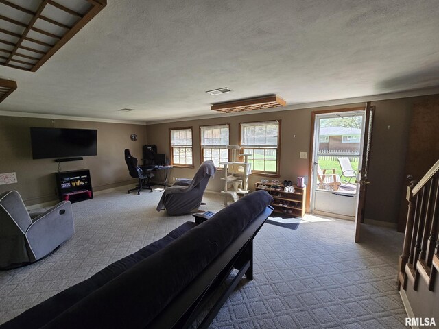 living area featuring visible vents, a wealth of natural light, carpet, and baseboards