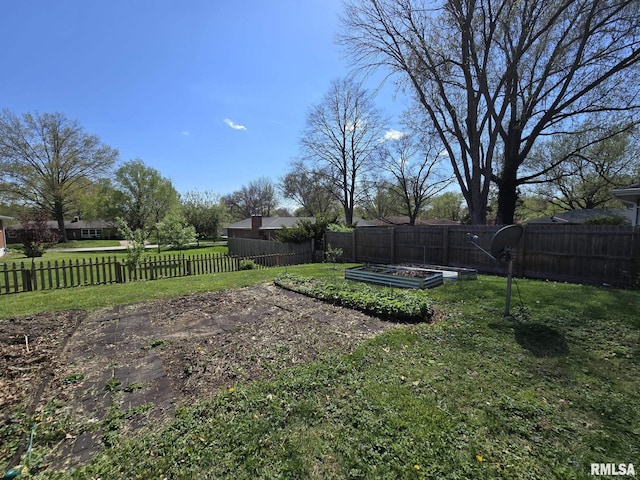 view of yard with a garden and a fenced backyard