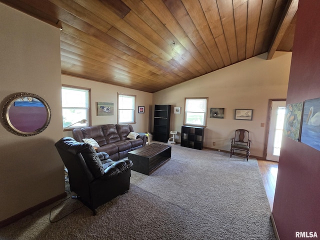 carpeted living room with wooden ceiling, vaulted ceiling with beams, and baseboards