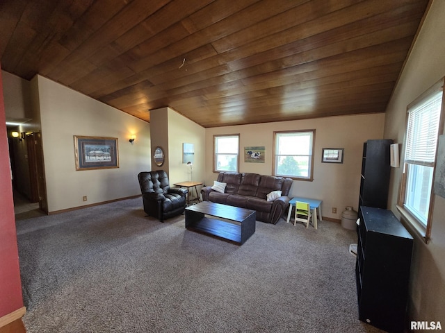 carpeted living area with baseboards, wooden ceiling, and lofted ceiling