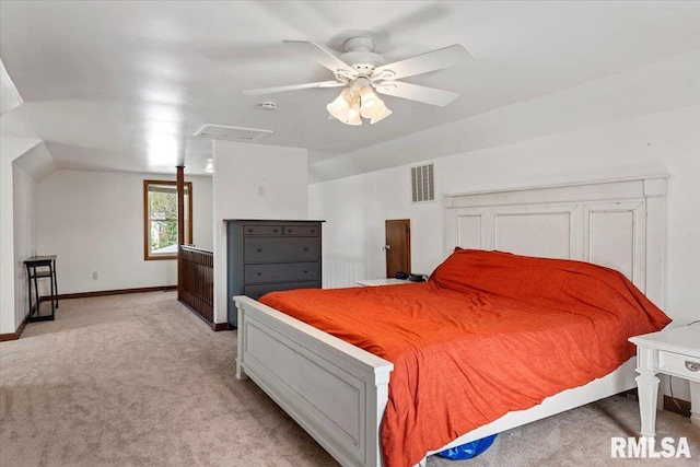 bedroom with a ceiling fan, baseboards, visible vents, and light carpet