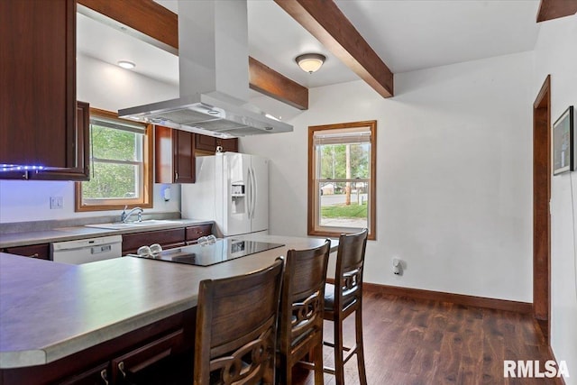 kitchen featuring island exhaust hood, a sink, a wealth of natural light, and white appliances