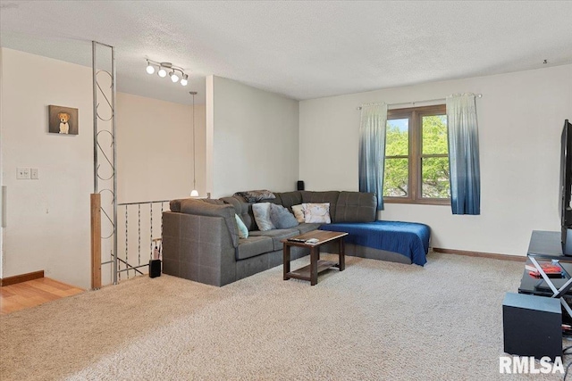 carpeted living area featuring baseboards and a textured ceiling
