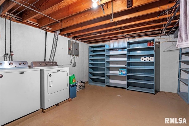 unfinished basement with electric panel and independent washer and dryer