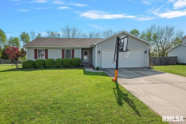 single story home featuring an attached garage, a front lawn, fence, and driveway