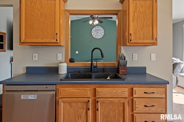 kitchen with ceiling fan, dark countertops, a sink, and dishwasher