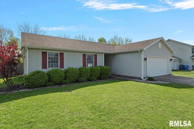 ranch-style house with driveway, a front lawn, and a garage