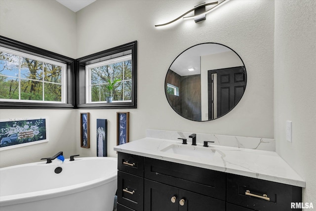 full bathroom featuring a freestanding bath, vanity, and a healthy amount of sunlight