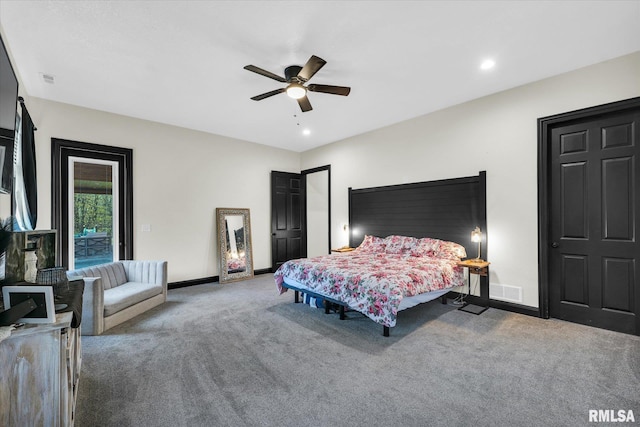 carpeted bedroom with recessed lighting, ceiling fan, and baseboards