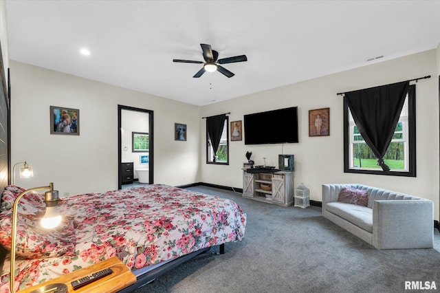 bedroom with recessed lighting, carpet flooring, ceiling fan, visible vents, and baseboards