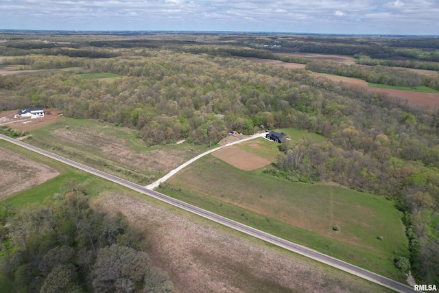 aerial view featuring a rural view and a forest view