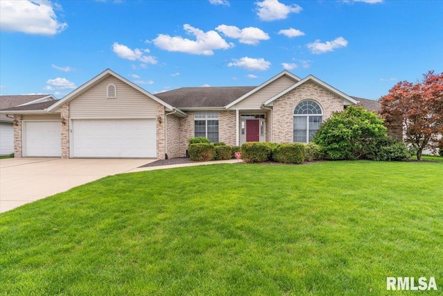 ranch-style house featuring an attached garage, driveway, a front lawn, and brick siding