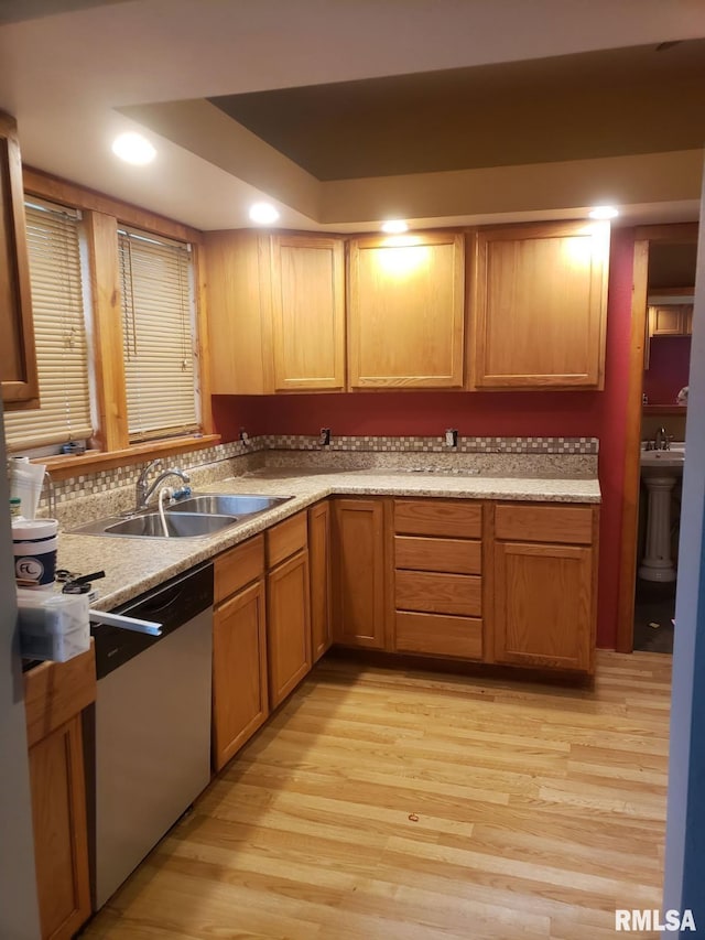 203 N 5th St, Oquawka, IL 61469 - kitchen featuring dishwasher, a sink, light wood-style flooring, light countertops, and recessed lighting