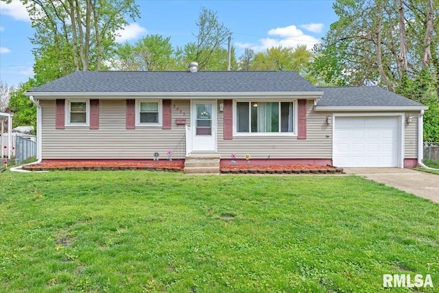 ranch-style house featuring concrete driveway, entry steps, fence, a front lawn, and a garage
