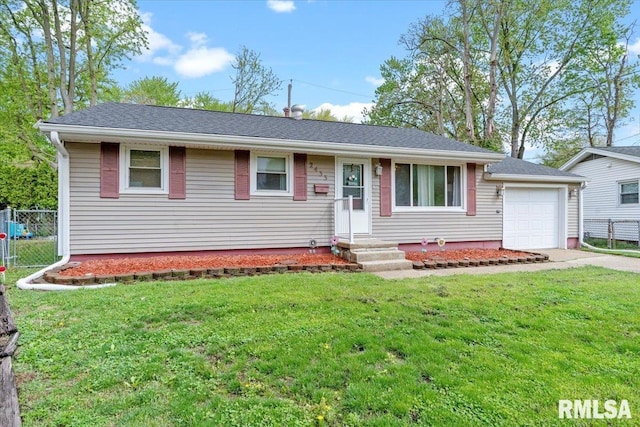 ranch-style home featuring concrete driveway, a front lawn, and fence