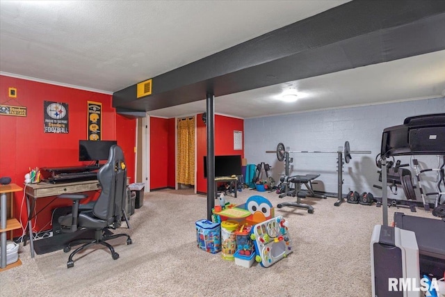 rec room with carpet and crown molding