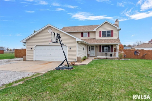traditional home featuring a chimney, a porch, fence, a front lawn, and concrete driveway