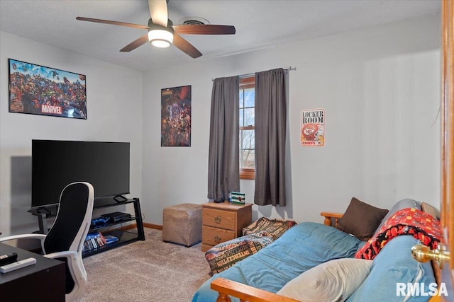 bedroom featuring baseboards, ceiling fan, and carpet floors