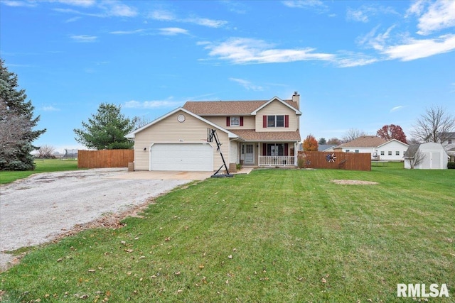 traditional-style home featuring a chimney, gravel driveway, covered porch, fence, and a garage