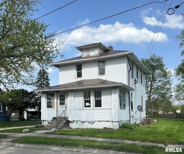 705 Olive St, Galesburg, IL 61401 - american foursquare style home featuring entry steps, a chimney, fence, central AC, and a front lawn