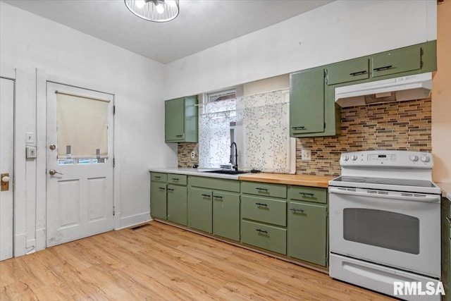 kitchen featuring green cabinetry and white range with electric stovetop