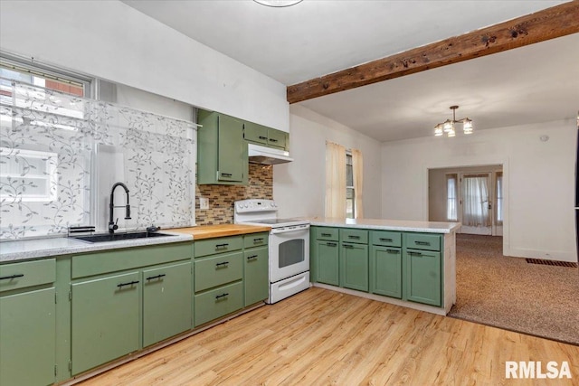 kitchen with a sink, a peninsula, white electric range, under cabinet range hood, and green cabinets