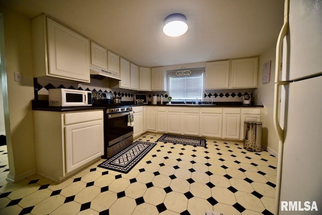 22 Roundhouse Rd, Herod, IL 62947 - kitchen with decorative backsplash, dark countertops, under cabinet range hood, white appliances, and white cabinetry