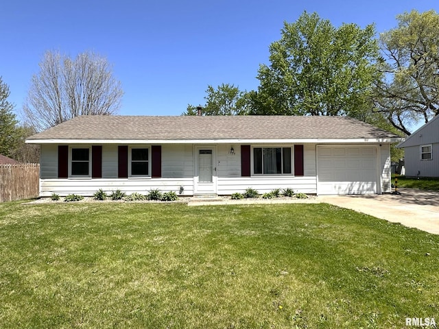single story home featuring a garage, fence, concrete driveway, and a front lawn