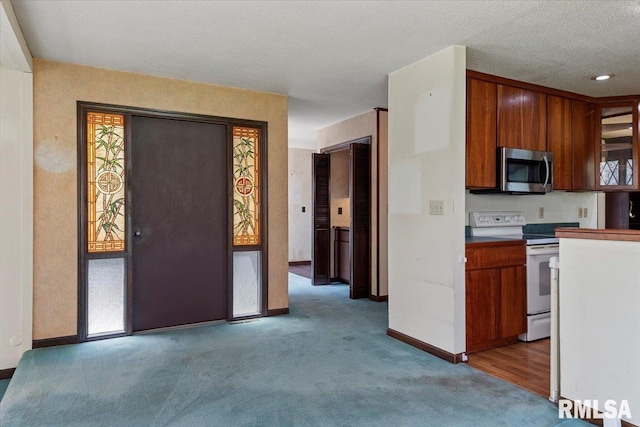 454 Brian Ln, Dawson, IL 62520 - kitchen with white electric range oven, light colored carpet, brown cabinetry, stainless steel microwave, and baseboards