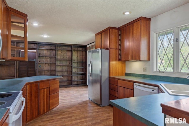 454 Brian Ln, Dawson, IL 62520 - kitchen with a sink, light wood-style floors, white appliances, and a textured ceiling