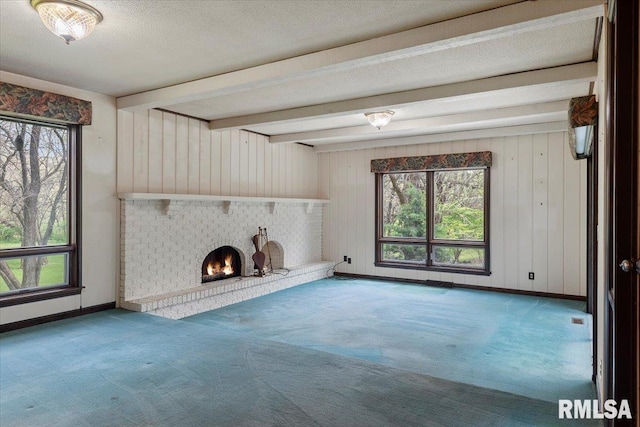 454 Brian Ln, Dawson, IL 62520 - unfurnished living room with carpet floors, baseboards, a healthy amount of sunlight, and a fireplace