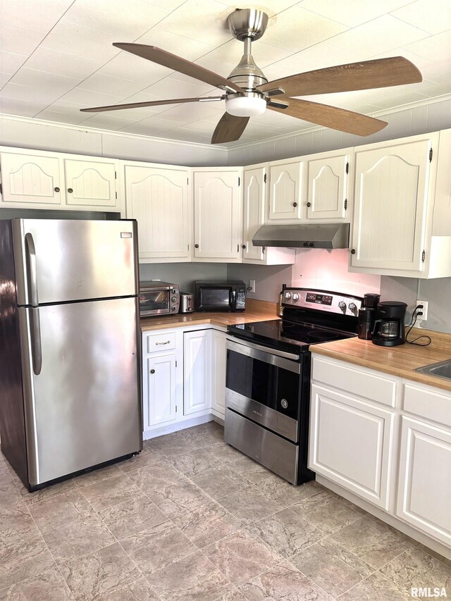 286 Kochs Ln, Meredosia, IL 62665 - kitchen with appliances with stainless steel finishes, under cabinet range hood, ceiling fan, light stone finish flooring, and a sink