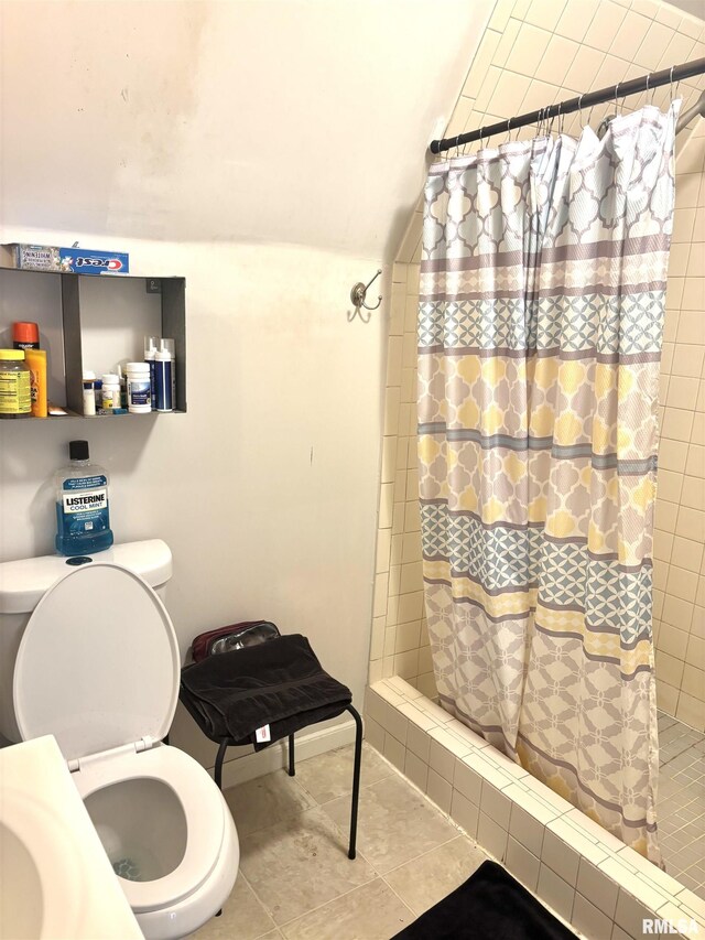 286 Kochs Ln, Meredosia, IL 62665 - bathroom featuring tiled shower, toilet, tile patterned floors, and lofted ceiling