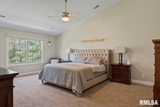 bedroom featuring visible vents, carpet flooring, baseboards, and lofted ceiling