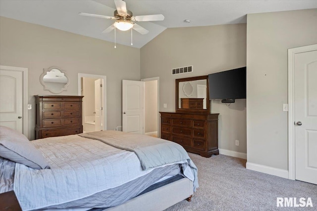 carpeted bedroom with a ceiling fan, visible vents, high vaulted ceiling, baseboards, and ensuite bathroom