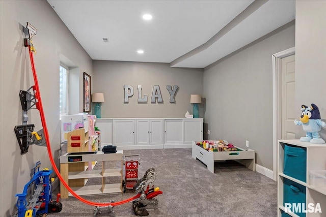 rec room with carpet floors and recessed lighting