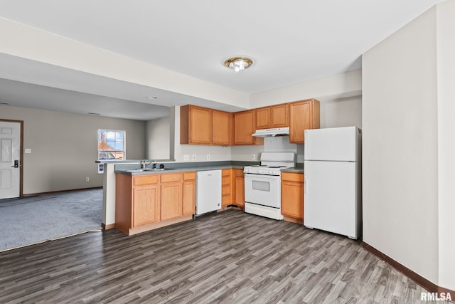 kitchen with white appliances, baseboards, under cabinet range hood, and dark wood finished floors