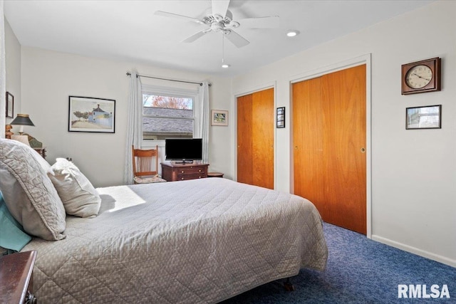 carpeted bedroom with baseboards, recessed lighting, and ceiling fan