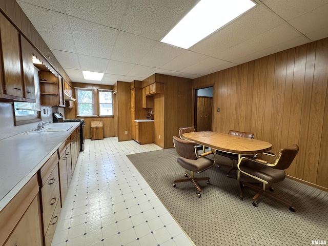 dining area with light floors, wood walls, a paneled ceiling, and baseboards