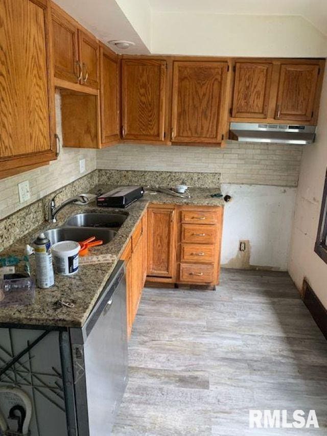 400-402 E Laurel, Springfield, IL 62704 - kitchen featuring under cabinet range hood, a sink, light wood-style floors, stainless steel dishwasher, and decorative backsplash
