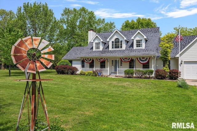 3300 Winch Rd, Springfield, IL 62707 - cape cod-style house featuring a porch, roof with shingles, a chimney, a front yard, and an attached garage