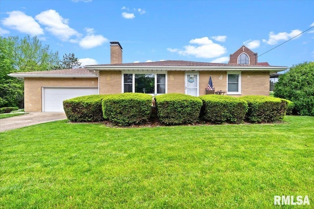 2491 W Washington St, Springfield, IL 62702 - single story home with a garage, a chimney, a front yard, brick siding, and driveway