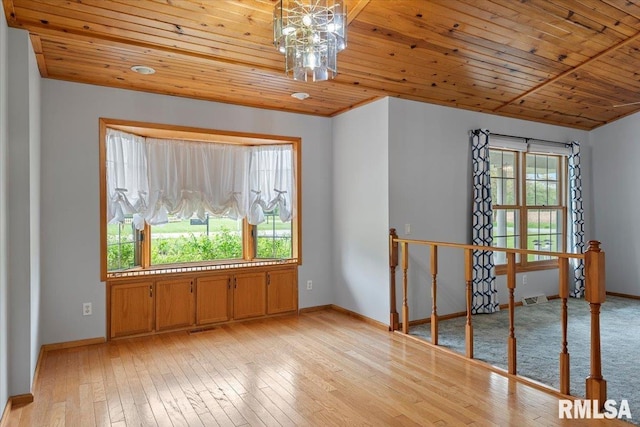empty room featuring wooden ceiling, baseboards, light wood finished floors, and visible vents