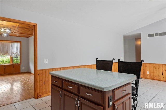 kitchen with wooden walls, visible vents, and wainscoting